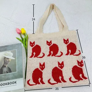 Strick-Tragetasche mit rotem Katzenmuster, lässige Schultertasche für Damen im Alltag.