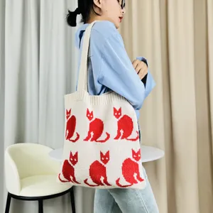 Damen Strick-Tote-Bag mit Katzenmuster Lässige Umhängetasche im japanisch-koreanischen Stil Polyester-Webhandtasche