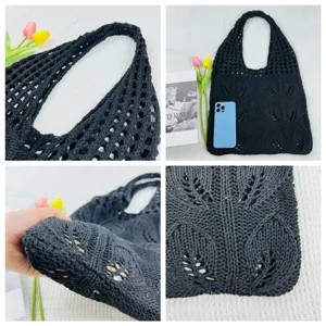 Schwarze gestrickte ausgehöhlte Schulter-Tote-Bag Detailansicht mit Netzgewebe und großer Kapazität.