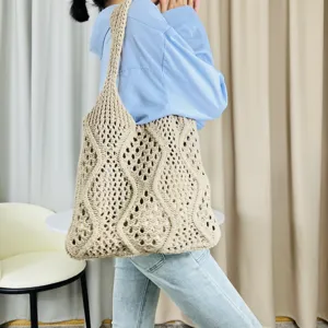Beige Strick Hohl-Tasche, lässige gewebte Strand Handtasche für Damen, stylische Sommer Umhängetasche.