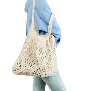 Beige gehäkelte Lochmuster Tote Tasche lässige Schulter Strand gewebte Tasche Damen
