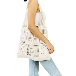 Beige Strick Tote Tasche, gehäkelte Damen Schultertasche für Strand und lässigen Alltag.