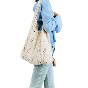 Gehäkelte ausgehöhlte Schulter-Tragetasche, cremeweiße lässige Handtasche für den Alltag.