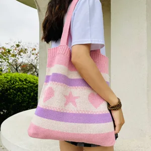 Rosa gestrickte Tote Bag mit Streifen Herzen Sternenmuster lässige Schultertasche Damen