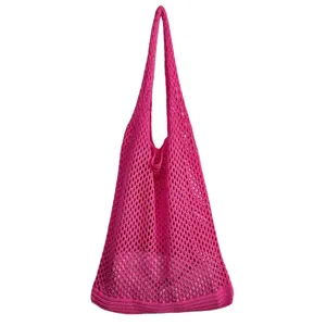 Rosa gestrickte Mesh Umhängetasche mit ausgehöhltem Design lässige Strandtasche für Damen