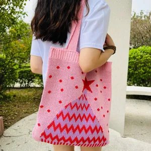 Rosa Strick Tote Bag mit weihnachtlichem Weihnachtsbaum Muster und Sternen für Damen