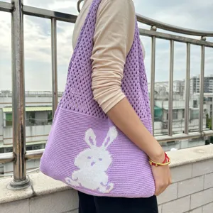 Koreanische Vintage Strick-Shopper-Tasche mit süßem Kaninchen-Muster, große Umhängetasche.