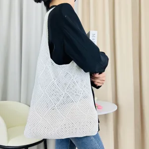 Damen Weiß Strick Tote Tasche Lässig Hohl Aus Schultertasche Gewebte Handtasche Mode
