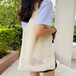 Beige Strick Tote Tasche für Damen, lässige Häkel Schultertasche, modische Handtasche.