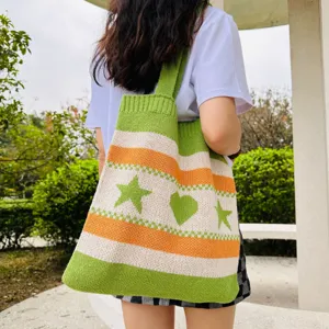 Damen Strick Shopper Tasche Farbblock Gestreift Umhängetasche Stern Herz Casual Handtasche