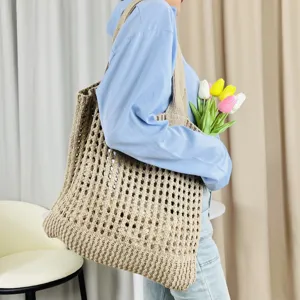 Beige Strick Tote Bag für Damen, modische Häkel Schultertasche, lässige Mesh Handtasche neu.