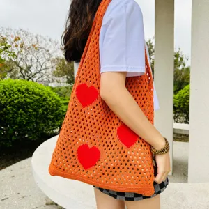 Gekhäkelte Herz Tote Tasche Strick Umhängetasche orange Lochmuster Alltag Mode Accessoire