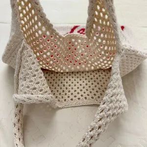 Gestreickte Häkel Hohl Netztasche Damen Freizeittasche Beigefarben Sommer Strandtasche