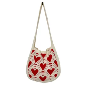 Bolso de hombro de punto con motivo de corazón rojo y rombos bolso casual para mujer