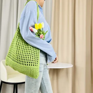 Grüne Strick Tote Tasche, gehäkelte Schultertasche, lässige ästhetische Tasche für Damen