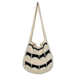 Gestreifte Strick Umhängetasche lässige Damen Beuteltasche Stoff Handtasche im Trend Neu