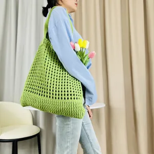 Grüne Strick Shopper Tasche für Damen, lässige Häkel Umhängetasche, modische Beuteltasche.