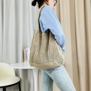 Damen beigen Strick Mesh Tote Tasche lässige große Kapazität Schultertasche Sommer Handtasche