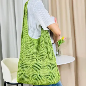 Grüne geflochtene Mesh-Einkaufstasche für Damen, lässige Sommer Strand Umhängetasche Handtasche.