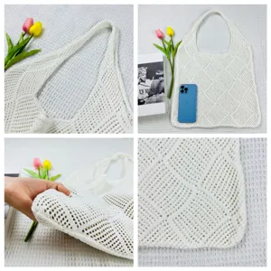Weiß gestrickte hohle Tote Bag, lässige gewebte Umhängetasche für Damen Alltag Mode.