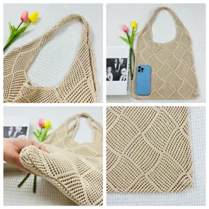 Beige gewebte Netz-Tragetasche für Damen, lässige hohle Umhängetasche für Alltag.