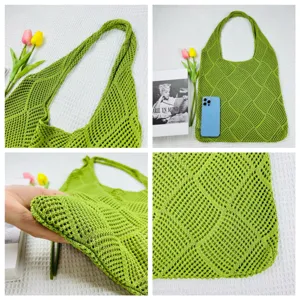 Grüne gestrickte Mesh Tragetasche Detail mit Häkeldesign, lässige Damen Umhängetasche.