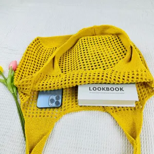 Gelbe gestrickte Netztasche, lässige hohle Schultertasche für Damen zum täglichen Einkaufen.