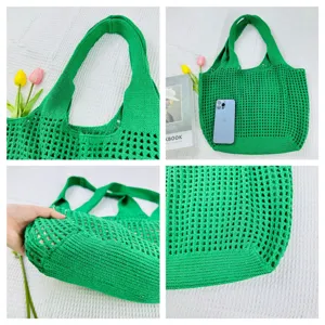 Grüne Häkel-Strick-Totetasche Detailansicht, lässige hohle Mesh Schultertasche.