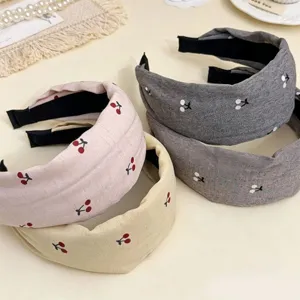 Korean style wide brim fabric headband cute cherry print hair accessory for women daily wear