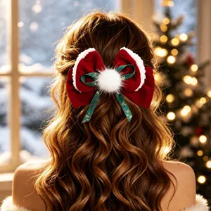 Christmas velvet hair bow clip with white plush trim and festive snowflake ribbons for women.