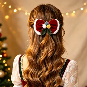Christmas red velvet hair bow clip with white plush trim and pom poms holiday hair accessories