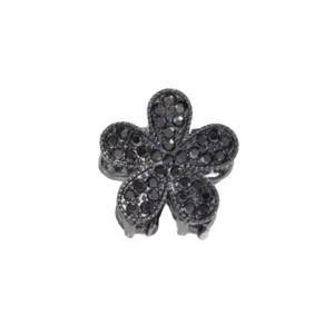 Mini molletta per capelli a fiore in metallo nero con strass, perfetta per frangia e acconciature.