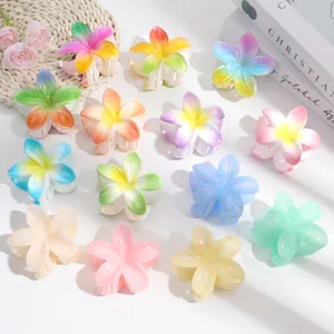 Colorful jelly plumeria hair claw clips set, translucent flower hairpins for women and girls.