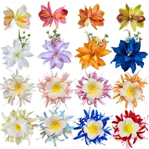 Artificial plumeria and orchid flower hair clip set, colorful floral hair accessories.