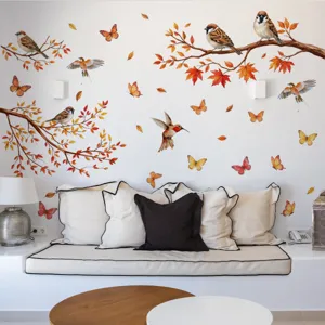 Pegatinas de Pared de Pájaros Ramas de Árbol Flores de Otoño Calcomanías de Vinilo Para Sala de Estar Dormitorio Decoración