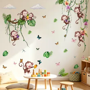 Pegatina de pared de mono de rama de vid de animal de selva de dibujos animados decoracion