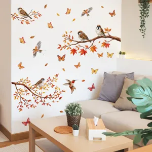Adhesivo de pared de rama de árbol y pájaro de otoño en sala, detalles de decoración.