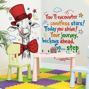 Cartoon giraffe English wall sticker for kids room decor, inspiring quote vinyl wall decal.