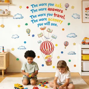 Kids room wall sticker featuring colorful hot air balloon and inspirational English quotes.