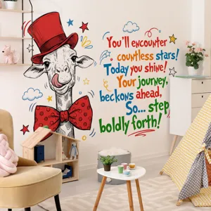 Cartoon giraffe wall sticker with motivational English quotes, perfect for kids room and bedroom decor.