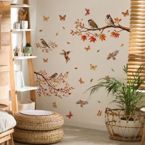 Detalle de pegatina de pared de pájaro de rama de árbol de otoño, decoración ideal.