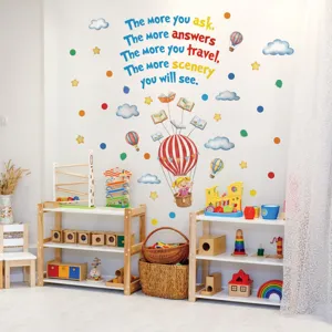 Cartoon girl hot air balloon english cloud wall sticker for kids bedroom home decor.