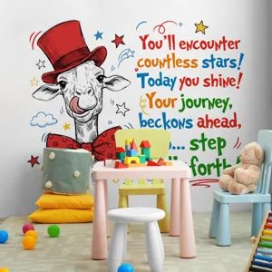 Cartoon giraffe English wall sticker for kids bedroom decor, cute animal wall decal.