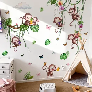 Pegatinas de pared de monos de la selva bonitas, lianas y hojas para decoración infantil.