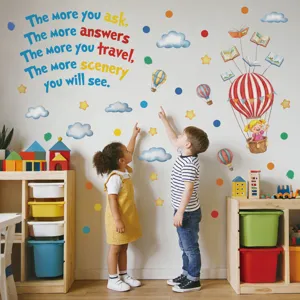 Detail view of the colorful cartoon hot air balloon and cloud wall sticker for kids room decor.