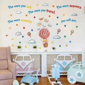 Modern PVC Cartoon Giraffe Hot Air Balloon Wall Sticker Motivational English Quotes Removable Self Adhesive Decal For Kids Bedroom Living Room Decor
