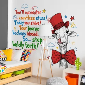 Cartoon giraffe wall sticker with colorful English quotes, perfect for kids room decor.