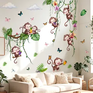 Pegatinas de pared de mono de la selva, enredaderas tropicales y flores para decoración de niños.