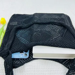 Schwarze gestrickte Häkel-Netz-Tasche lässige Schultertasche für den täglichen Gebrauch