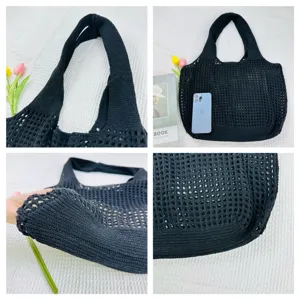 Schwarze geflochtene Netztasche für Damen, lässige hohle Schultertasche für den Alltag